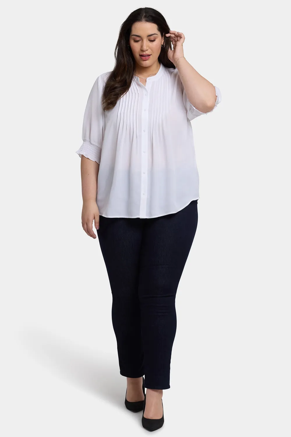 NYDJ Plissee Kurzarm Bluse Plus Size Optic White