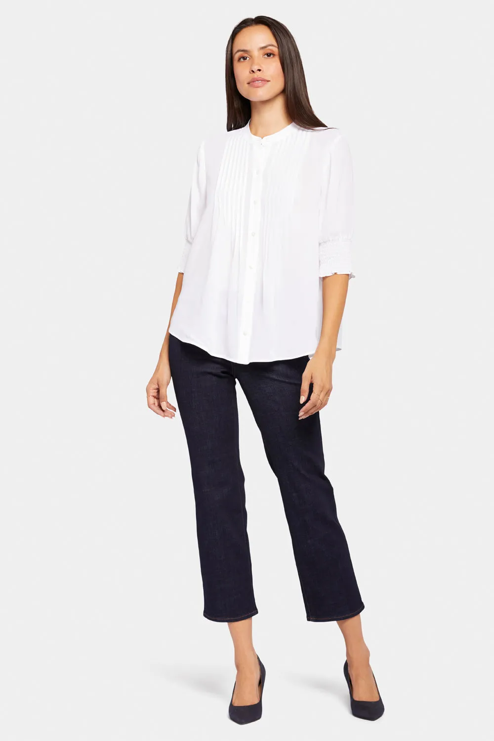 NYDJ Pleated Bluse Optic White Kurzarm mit Smok