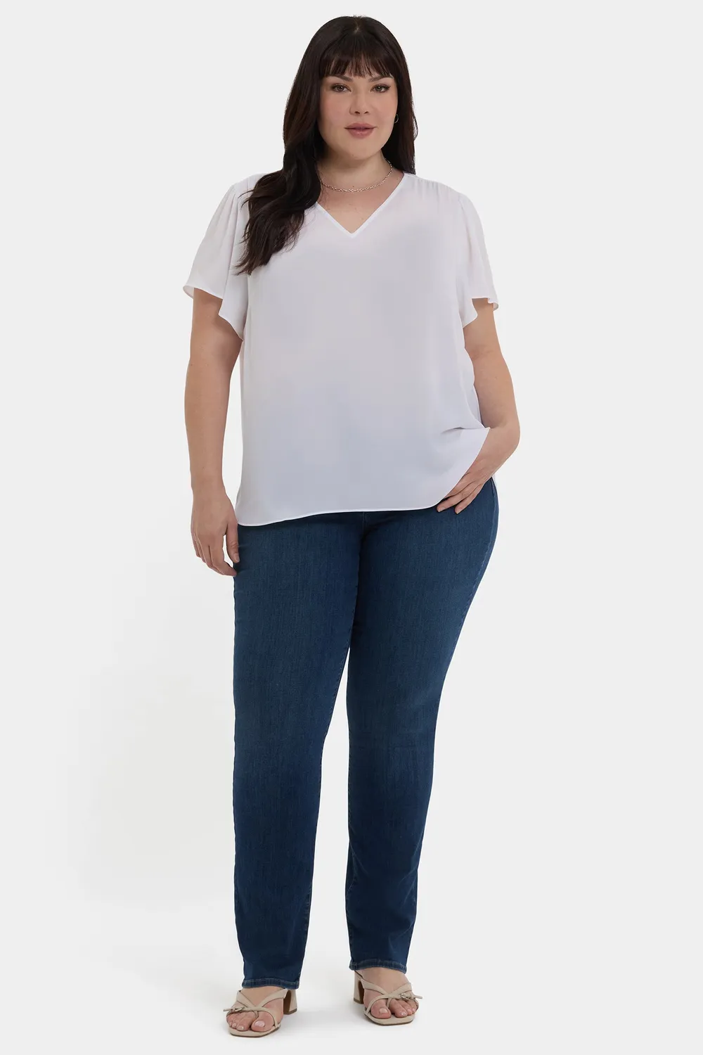 NYDJ Pleated Flutter Sleeved Bluse Optic White Plus Size