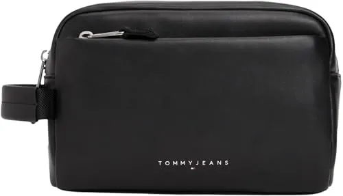 Tommy Jeans Linear Washbag Kulturbeutel Leder Schwarz