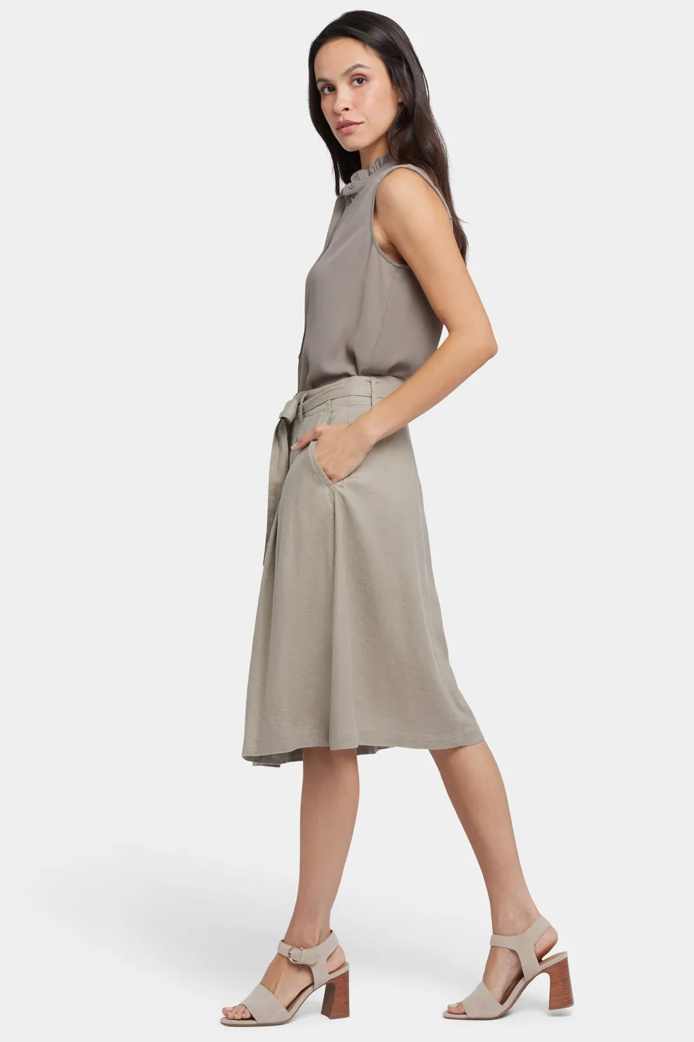 NYDJ Button Front Midi Rock Saddlewood Leinen Beige