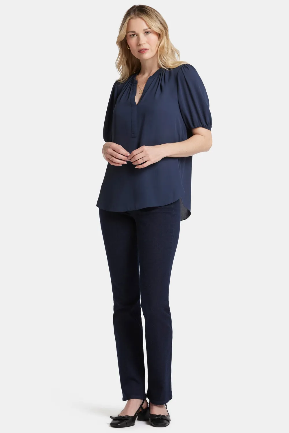 NYDJ Short Puff Sleeve Popover Bluse Navy