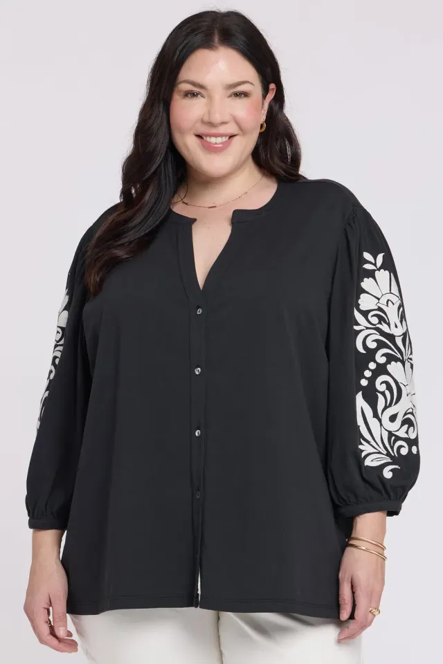 NYDJ Embroidered Knit Bluse Black Ivory Baumwolle