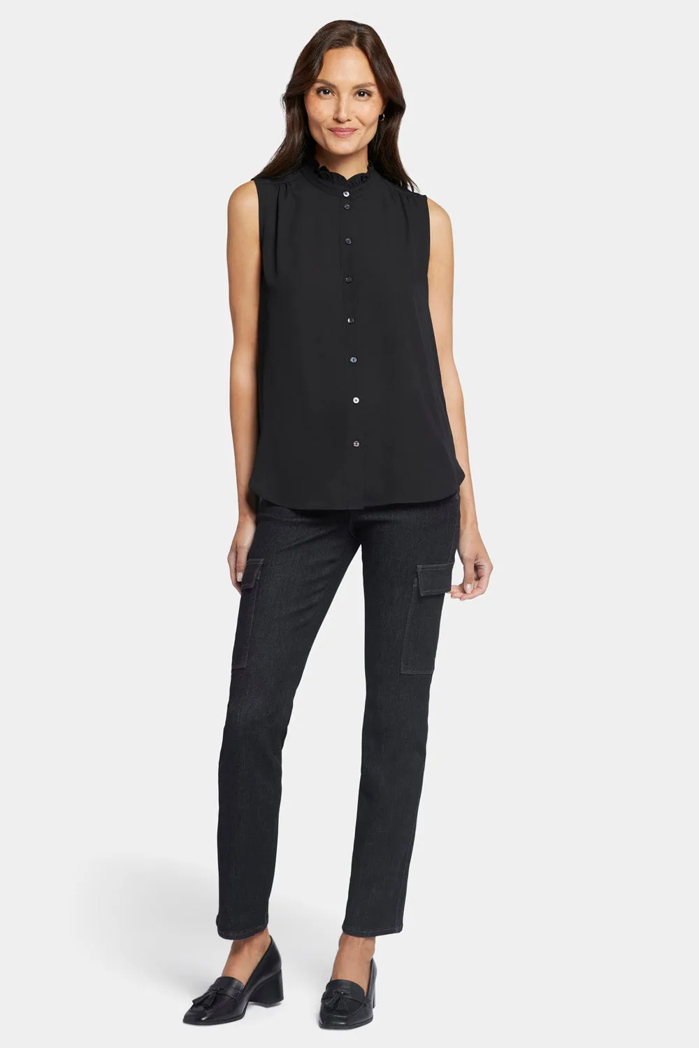 NYDJ Ruffle Neck Bluse Schwarz Ärmellos