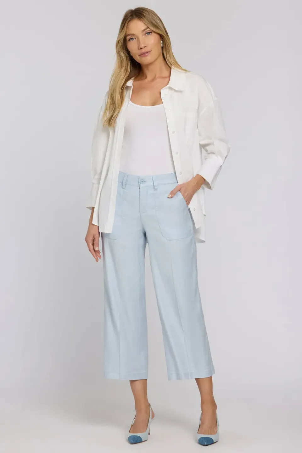 NYDJ Wide Leg Cargo Capri Petite Blue Clover Leinen