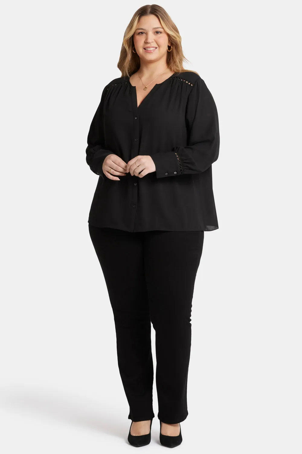 NYDJ Liliana Peasant Bluse Schwarz Plus Soutache