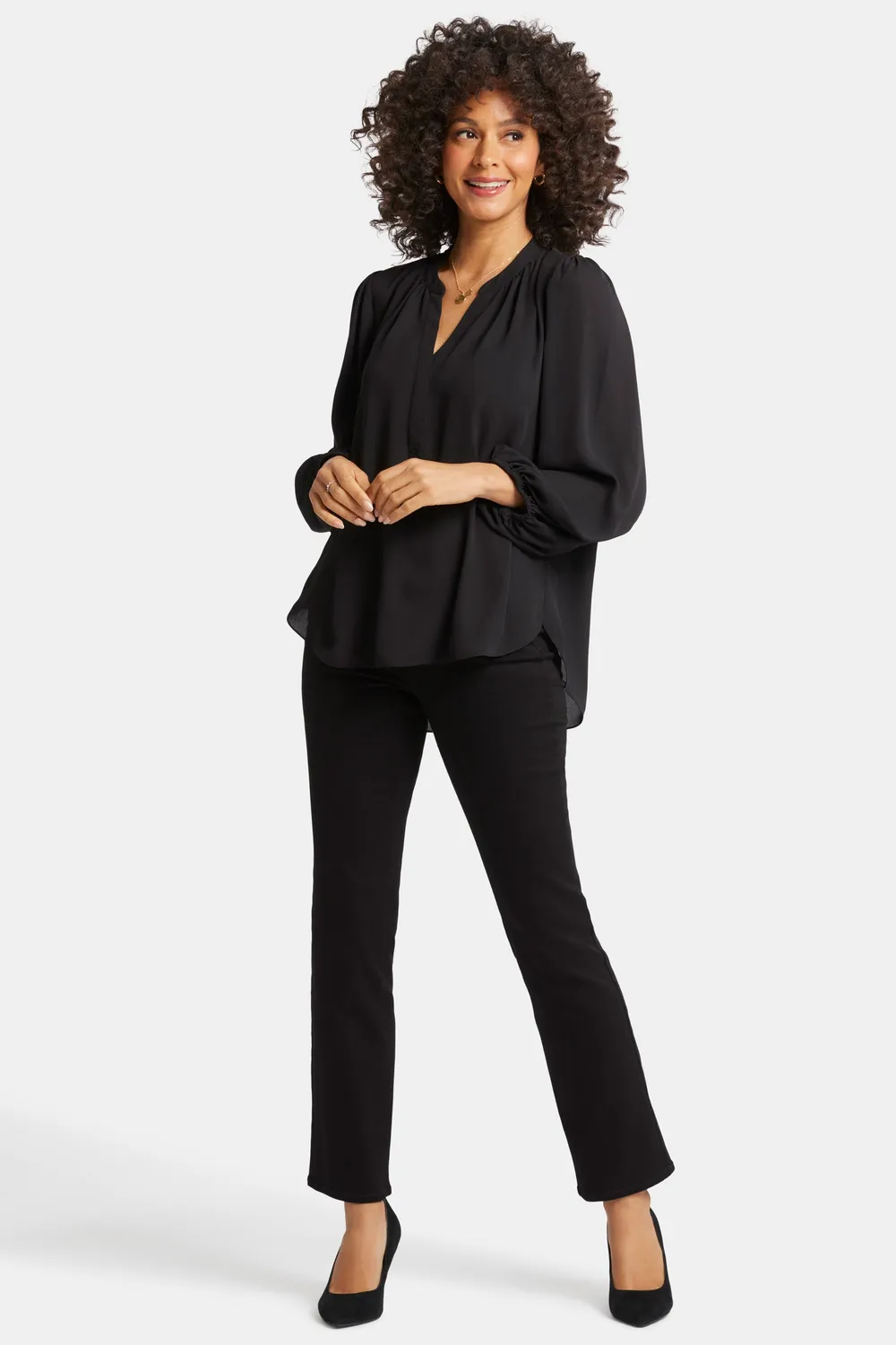 NYDJ Puff Sleeve Popover Bluse Schwarz luftig
