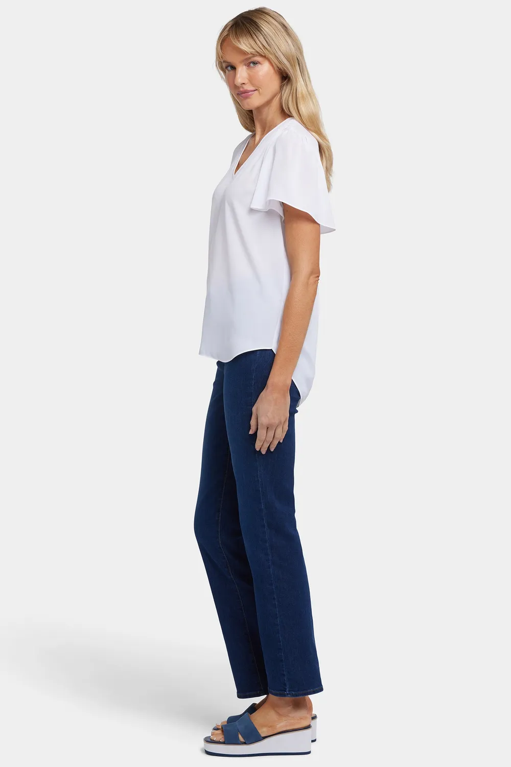 NYDJ Pleated Flutter Bluse Optic White V-Ausschnitt
