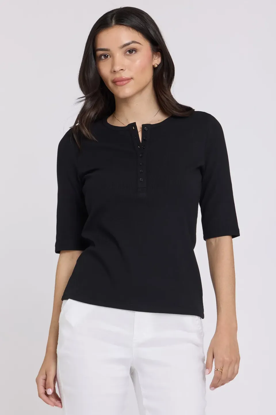 NYDJ Ribbed Elbow Sleeved Henley Strickshirt Schwarz gerippt