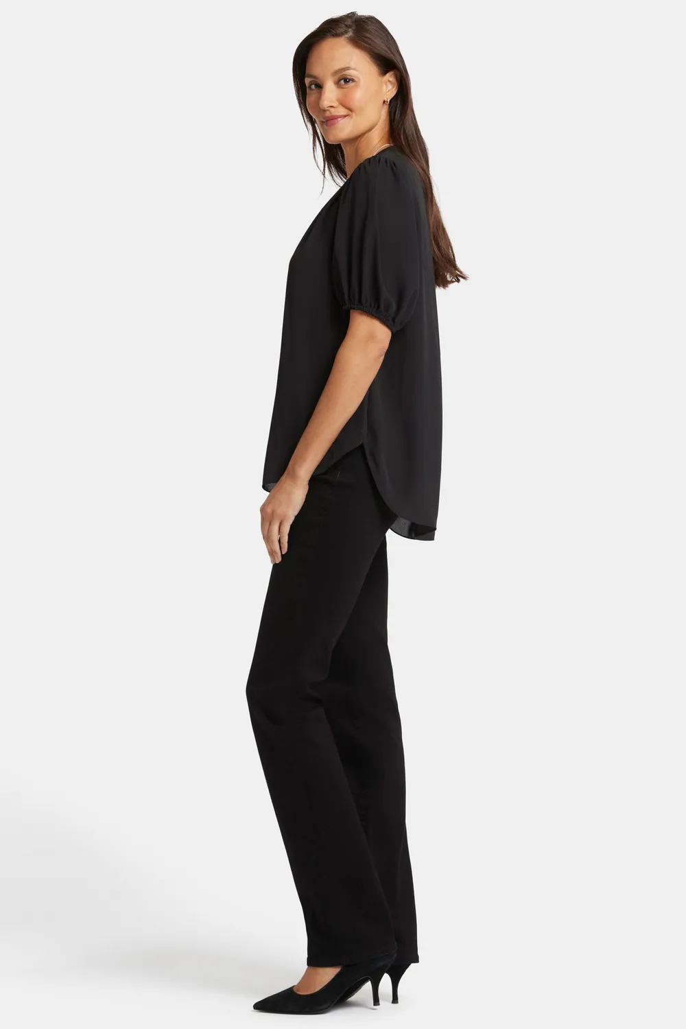 NYDJ Short Puff Sleeve Popover Bluse Schwarz Georgette