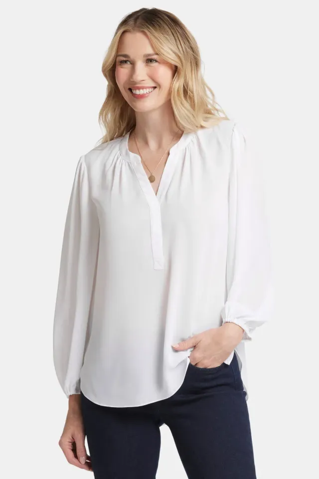 NYDJ Puff Sleeve Popover Bluse Optic White Georgette