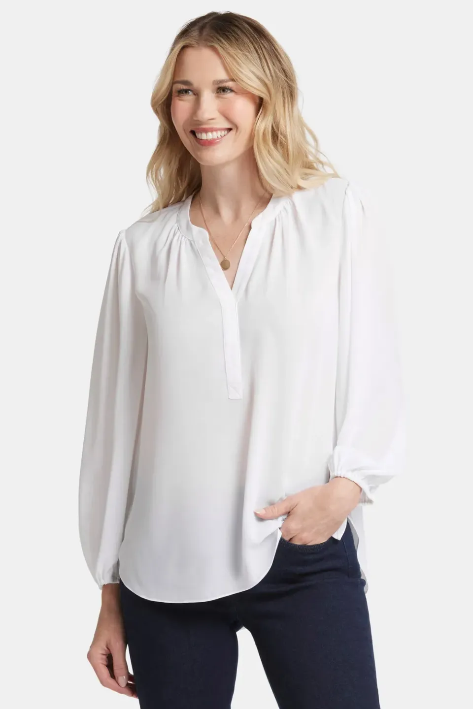 NYDJ Puff Sleeve Popover Bluse Optic White Georgette