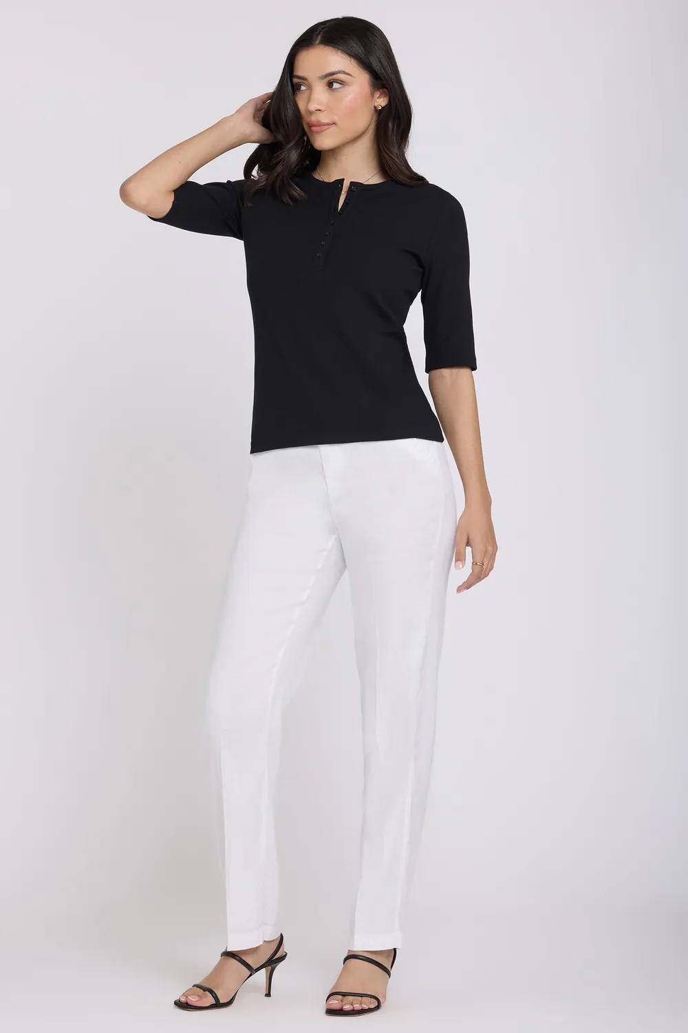NYDJ Ribbed Elbow Sleeved Henley Strickshirt Schwarz gerippt