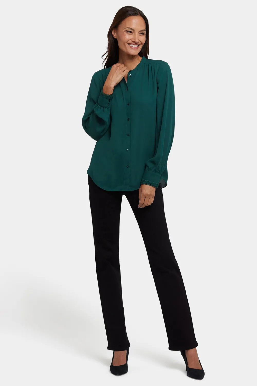 NYDJ Janie Bluse Pine Forest Langarm Knopfleiste
