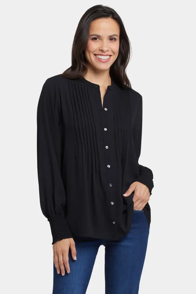 NYDJ Pleated Peasant Bluse Schwarz Smokebündchen