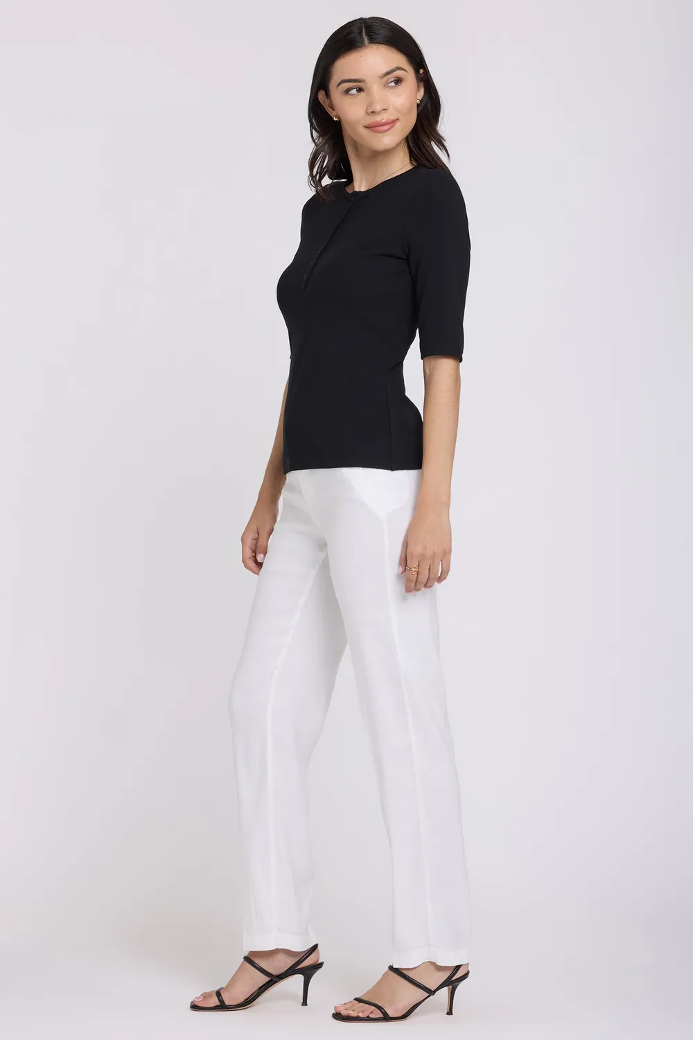 NYDJ Ribbed Elbow Sleeved Henley Strickshirt Schwarz gerippt