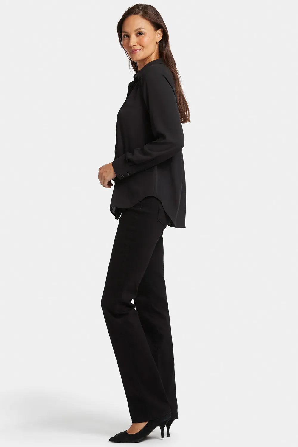 NYDJ Tuxedo Blouse Bluse Schwarz Langarm Kragen