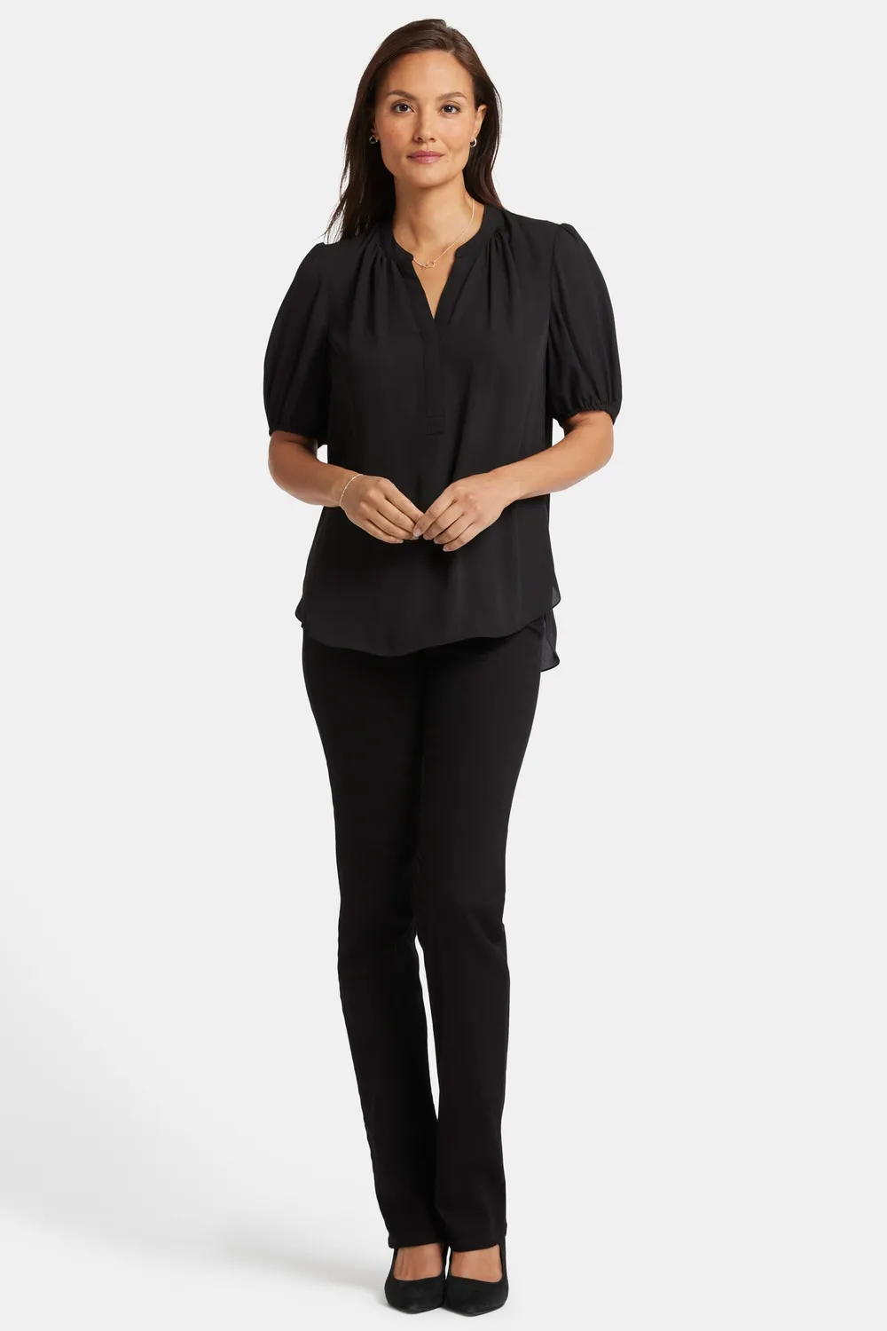 NYDJ Short Puff Sleeve Popover Bluse Schwarz Georgette