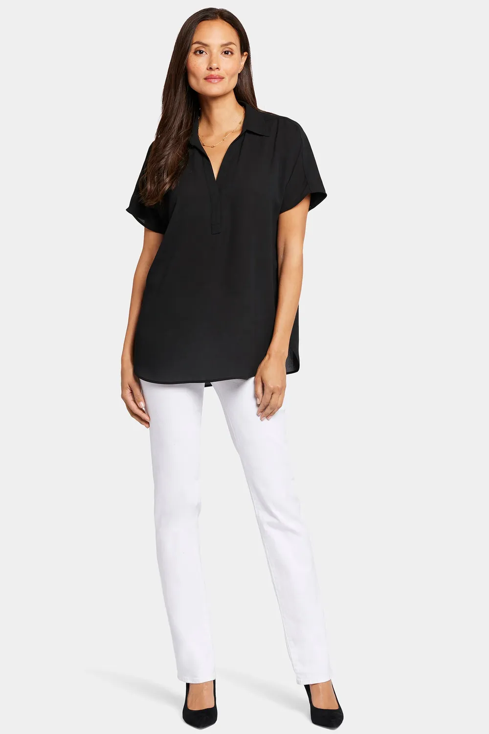 NYDJ Becky Kurzarm Bluse Schwarz Georgette