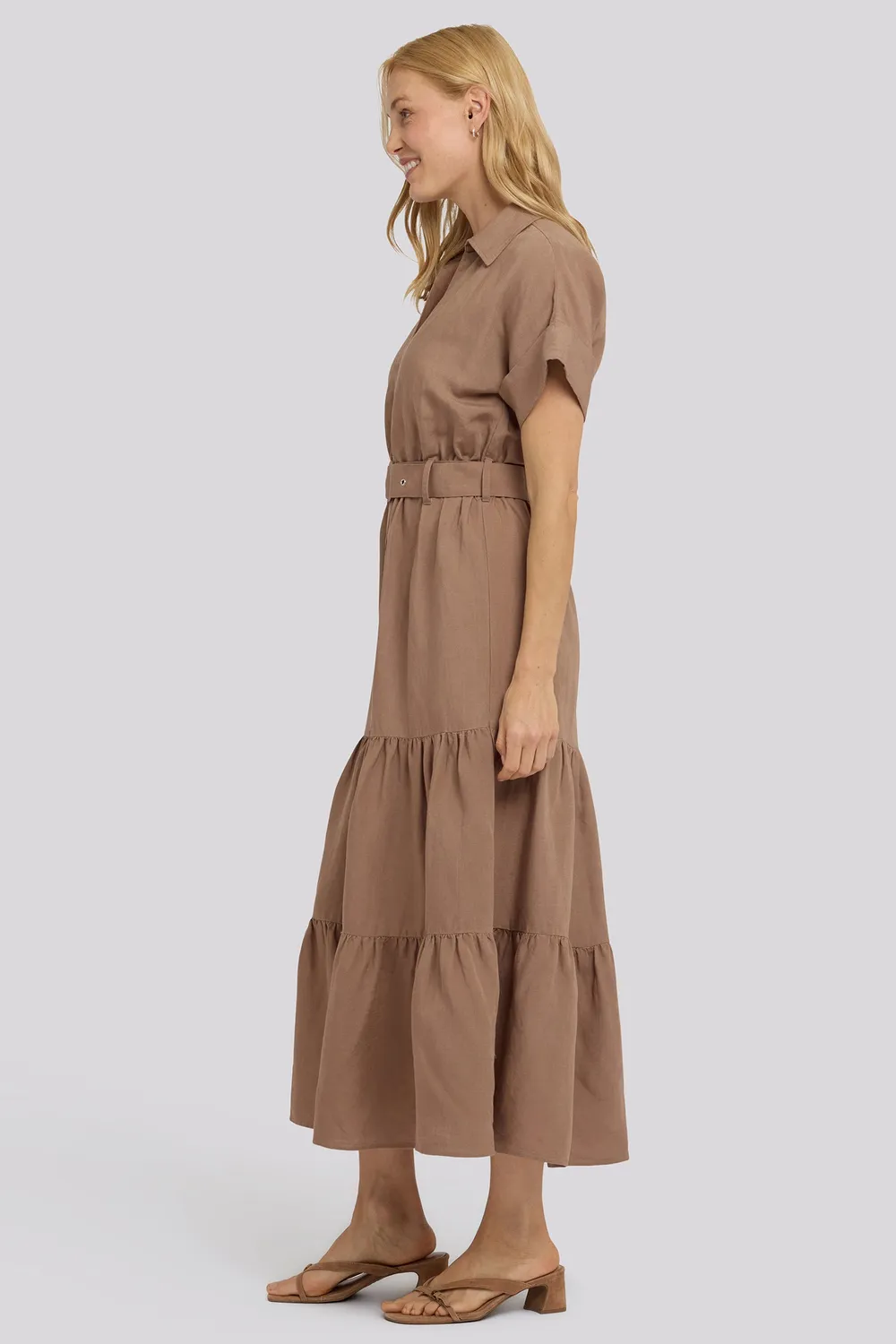 NYDJ Belted Tiered Shirtdress Kleid Toasted Coconut
