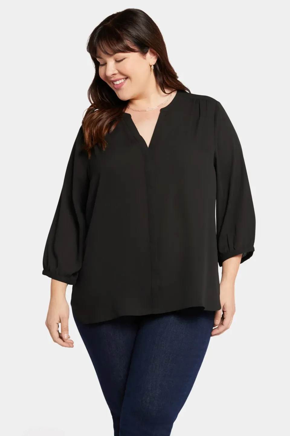 NYDJ Pintuck Plus-Size Bluse Schwarz 1X 3/4-Arm