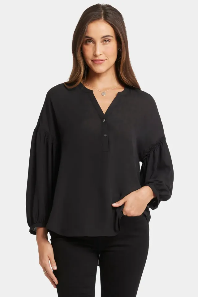 NYDJ Paulina Peasant Bluse Schwarz Knopfleiste
