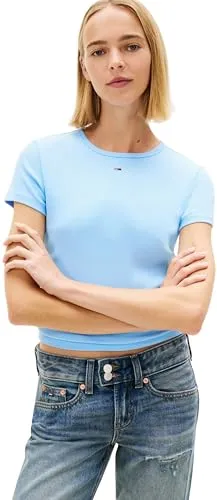 Tommy Jeans Essential Rib T-Shirt Damen L Hellblau Slim