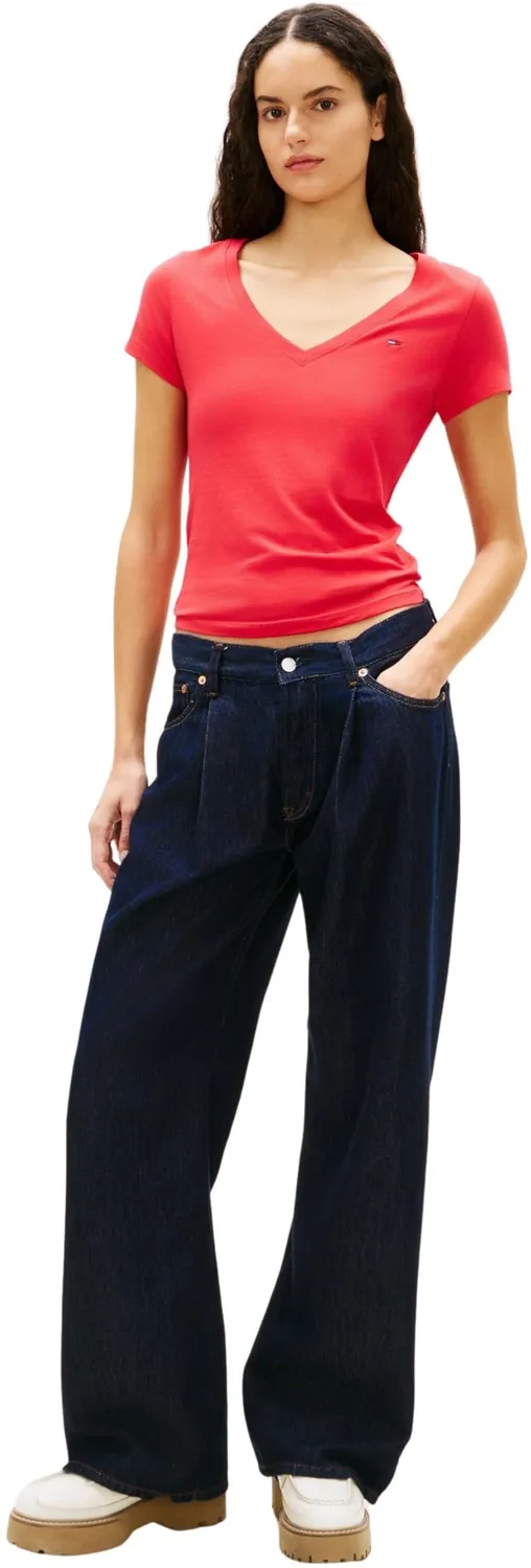 Tommy Jeans Slim V-Ausschnitt T-Shirt Damen XS Rot