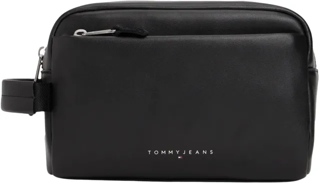 Tommy Jeans Linear Washbag Kulturbeutel Leder Schwarz