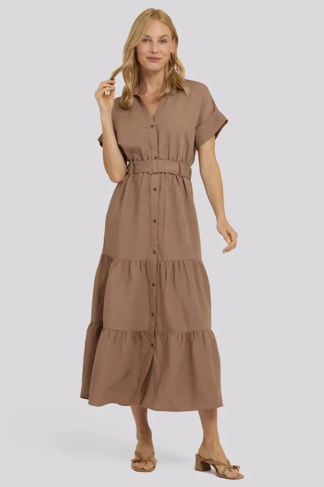 NYDJ Belted Tiered Shirtdress Kleid Toasted Coconut