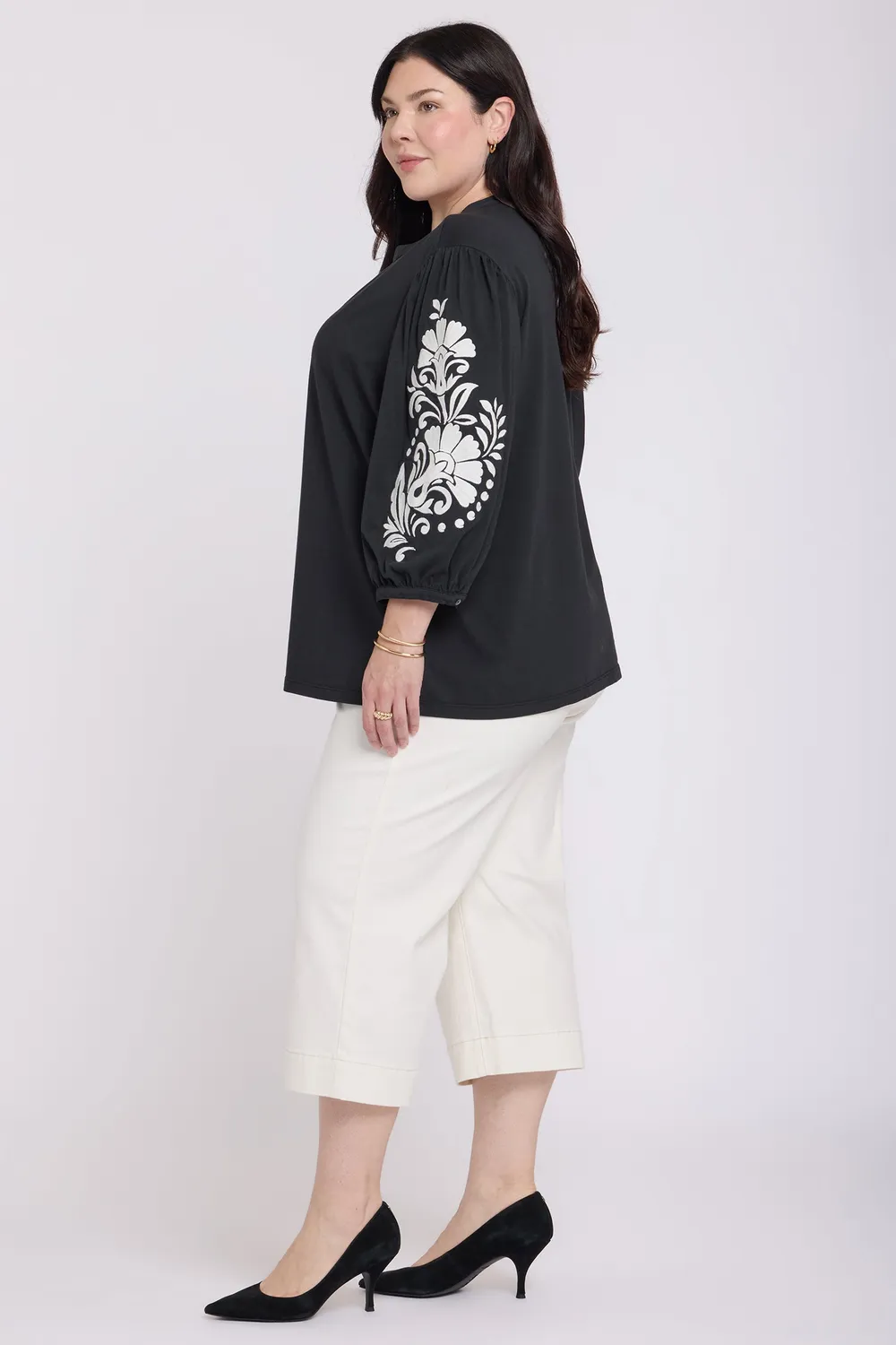 NYDJ Embroidered Knit Bluse Black Ivory Baumwolle