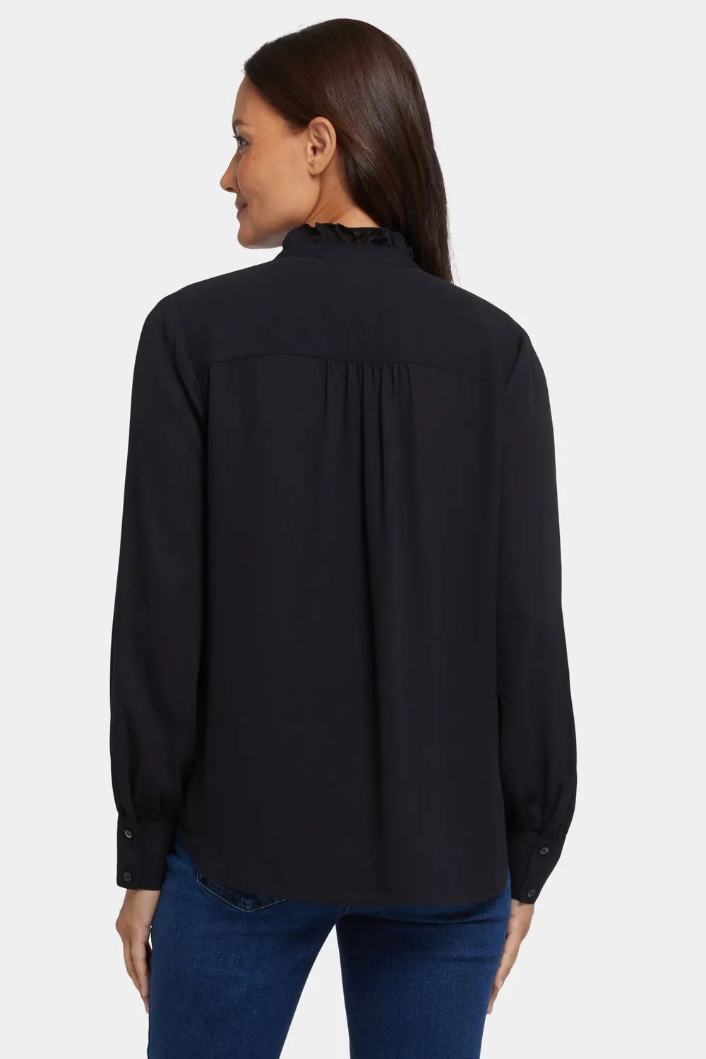 NYDJ Ruffle Neck Bluse Schwarz Rüschenkragen
