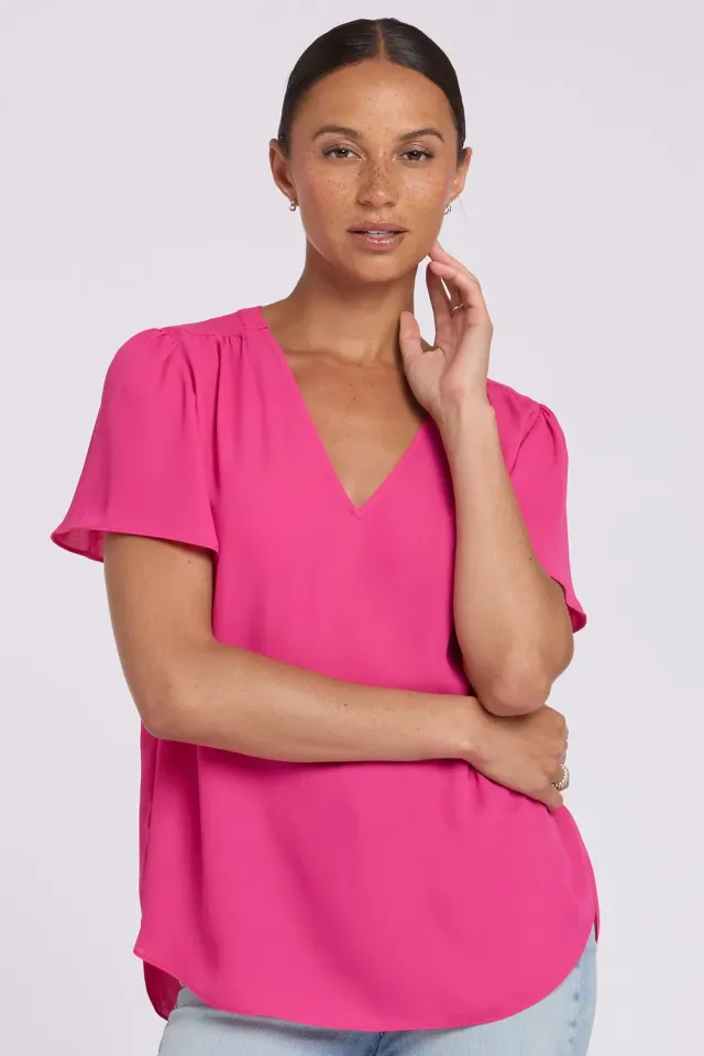 NYDJ Pleated Flutter Sleeved Bluse Pink Heart V-Ausschnitt
