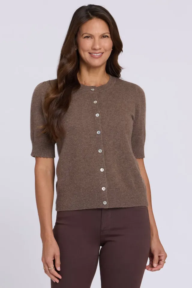 NYDJ Cashmere Short Sleeved Crewneck Cardigan Strickjacke Sepia