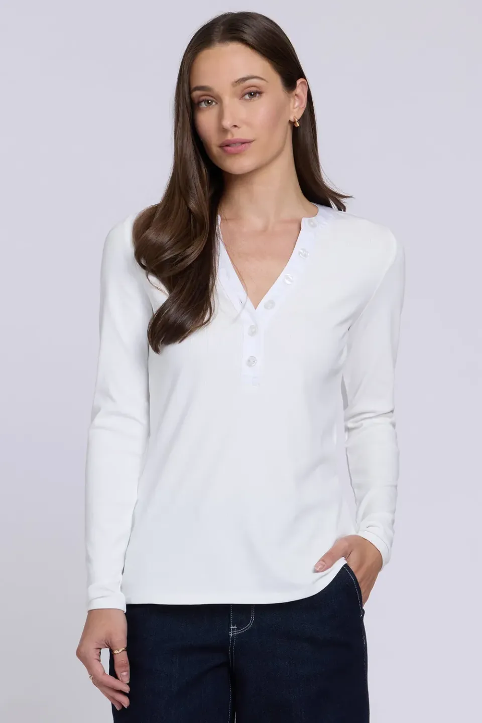 NYDJ Emery Optic White Henley Langarm Ripp