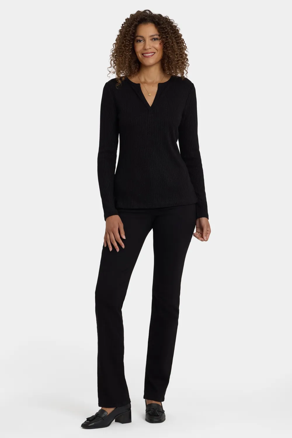 NYDJ Shimmer Henley Top langarm Schwarz Glitzer