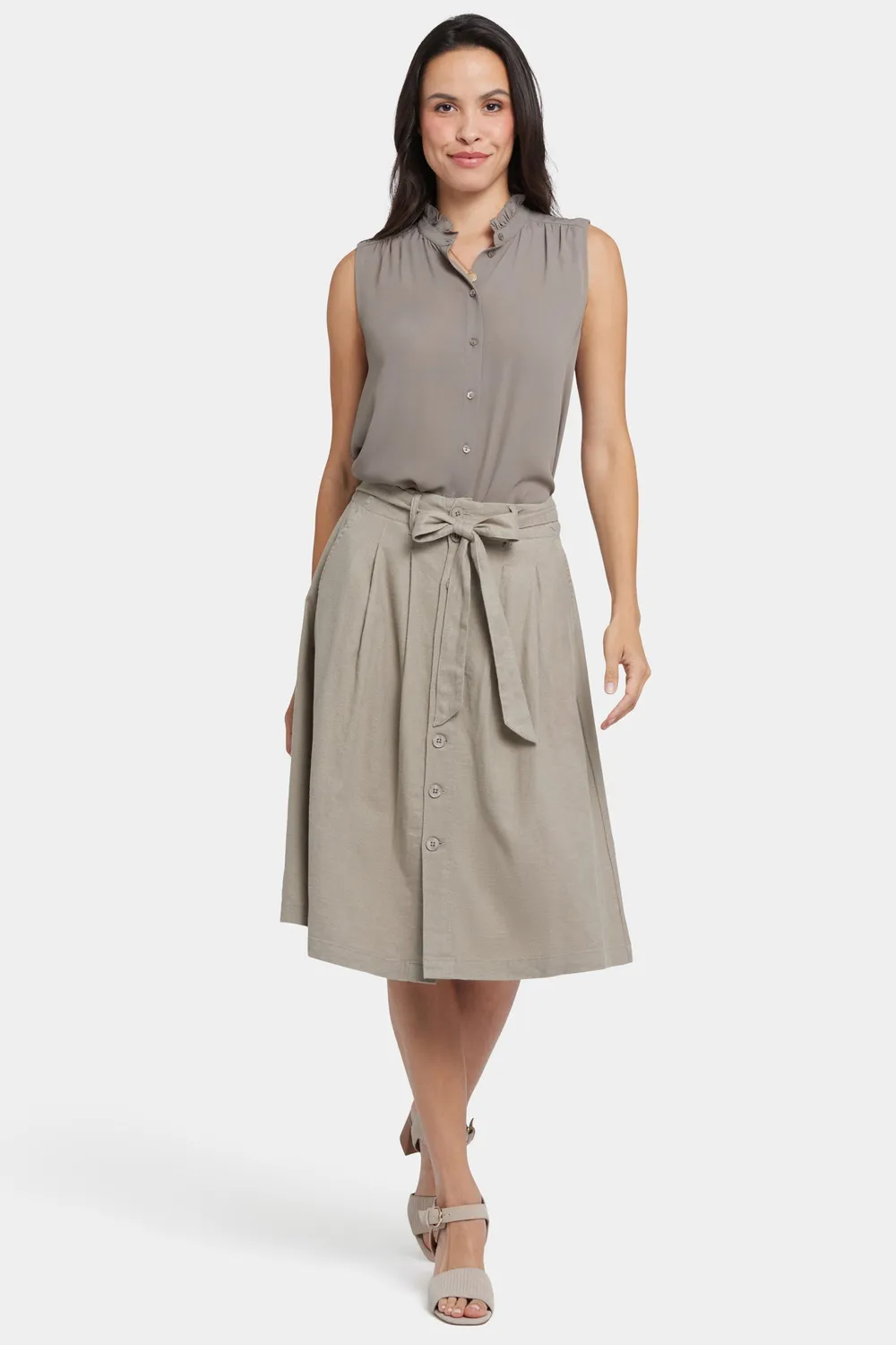 NYDJ Button Front Midi Rock Saddlewood Leinen Beige