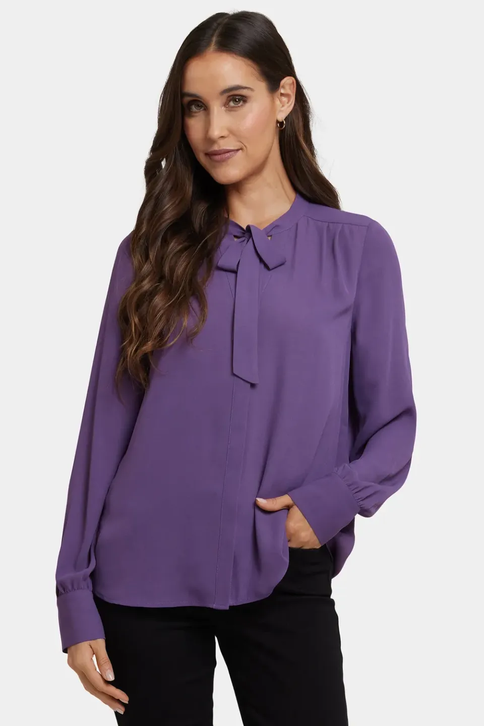 NYDJ Tie-Neck Bluse Grape Royale lila Langarm