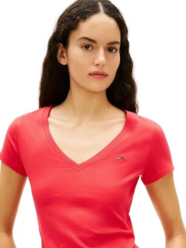 Tommy Jeans Slim V-Ausschnitt T-Shirt Damen XS Rot