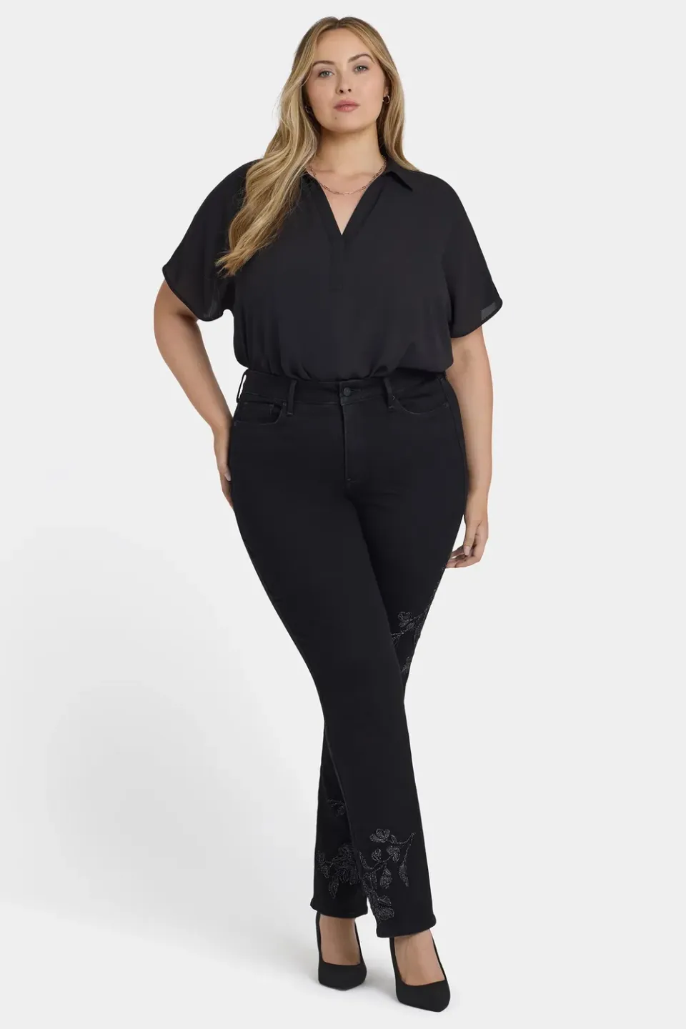 NYDJ Marilyn Straight Plus-Size Jeans Black Rinse bestickt