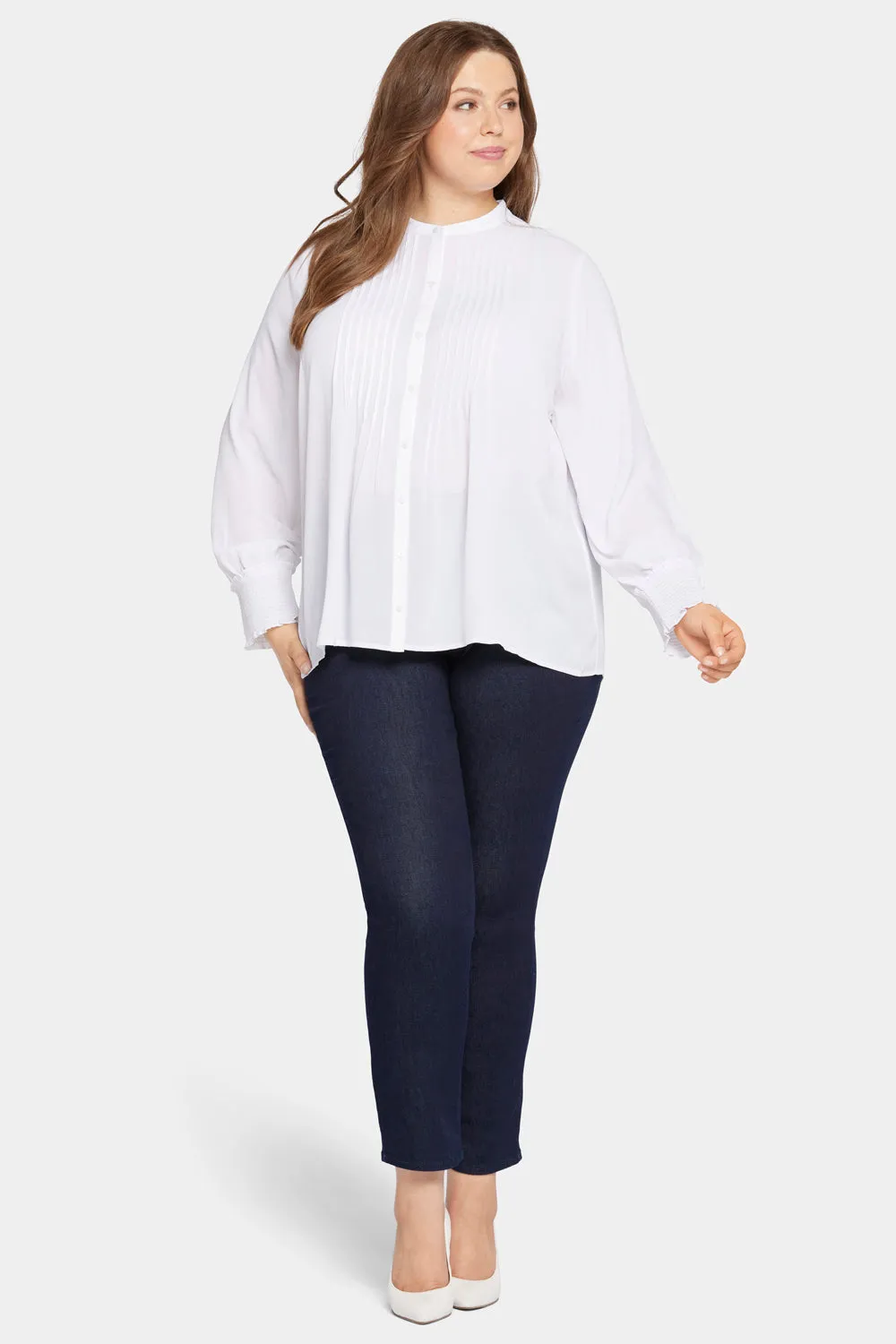 NYDJ Pleated Peasant Bluse Optic White Plus Size weiß