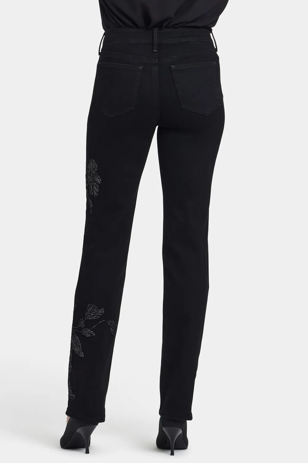 NYDJ Marilyn Straight Jeans Petite Schwarz bestickt
