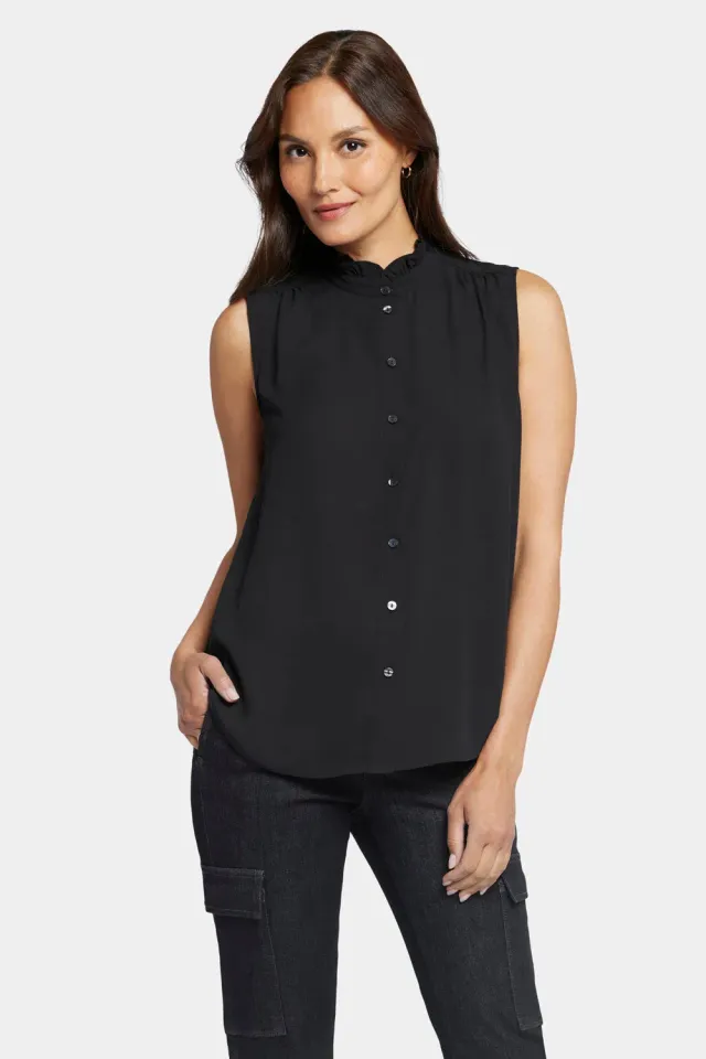 NYDJ Ruffle Neck Bluse Schwarz Ärmellos