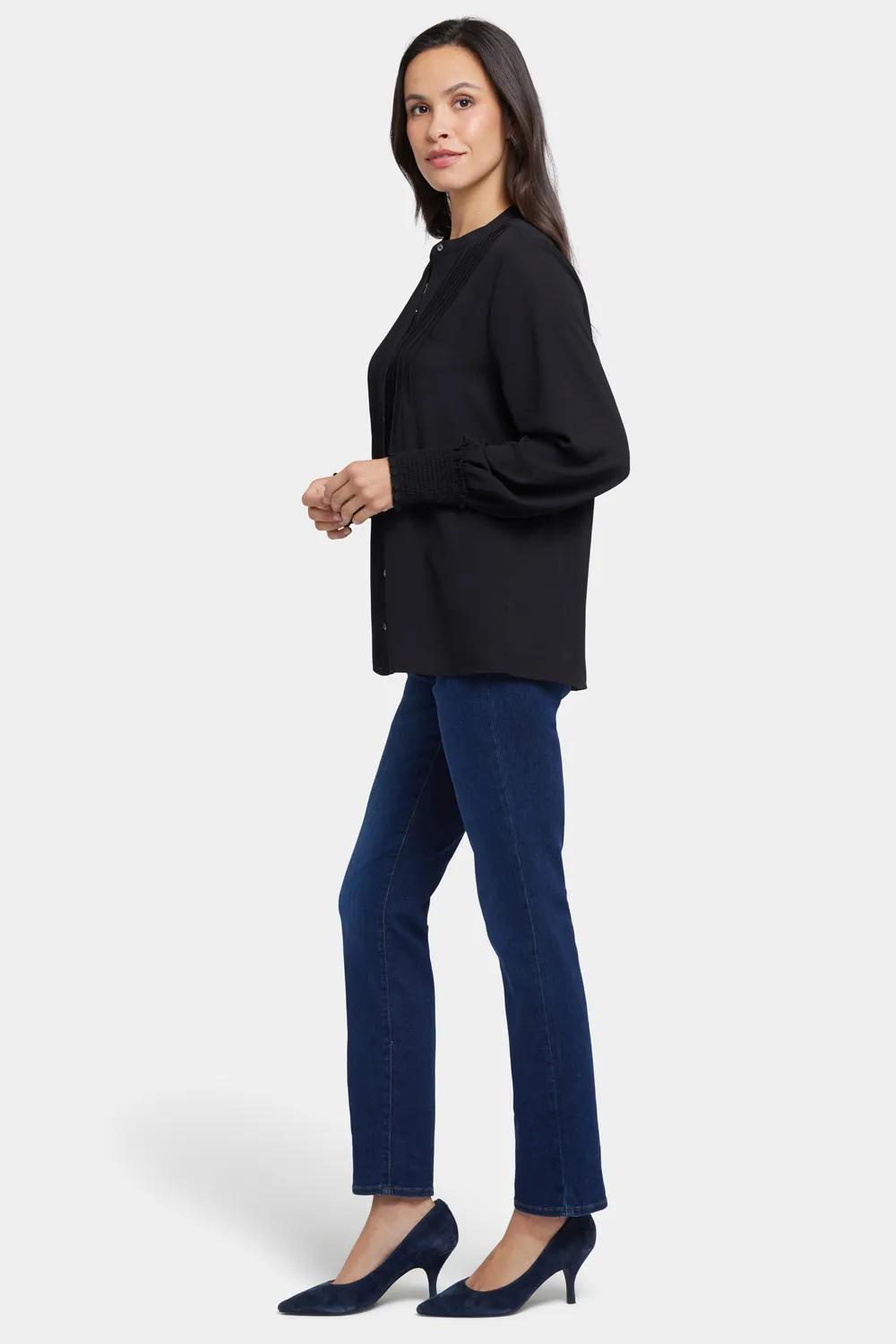 NYDJ Pleated Peasant Bluse Schwarz Smokebündchen