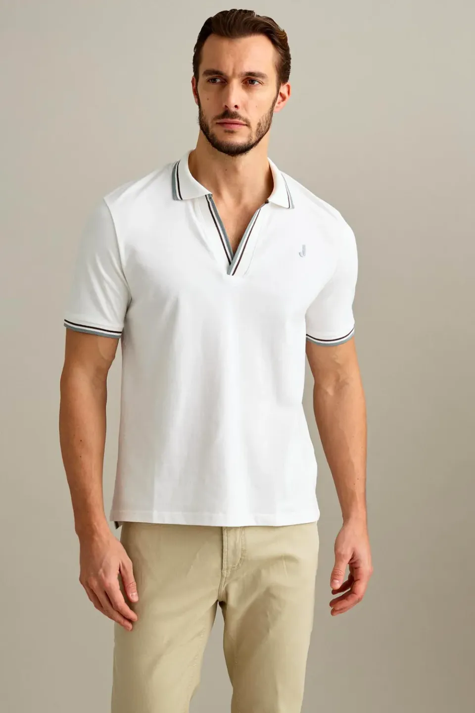Jeckerson Polo V-Ausschnitt Poloshirt weiß Piqué