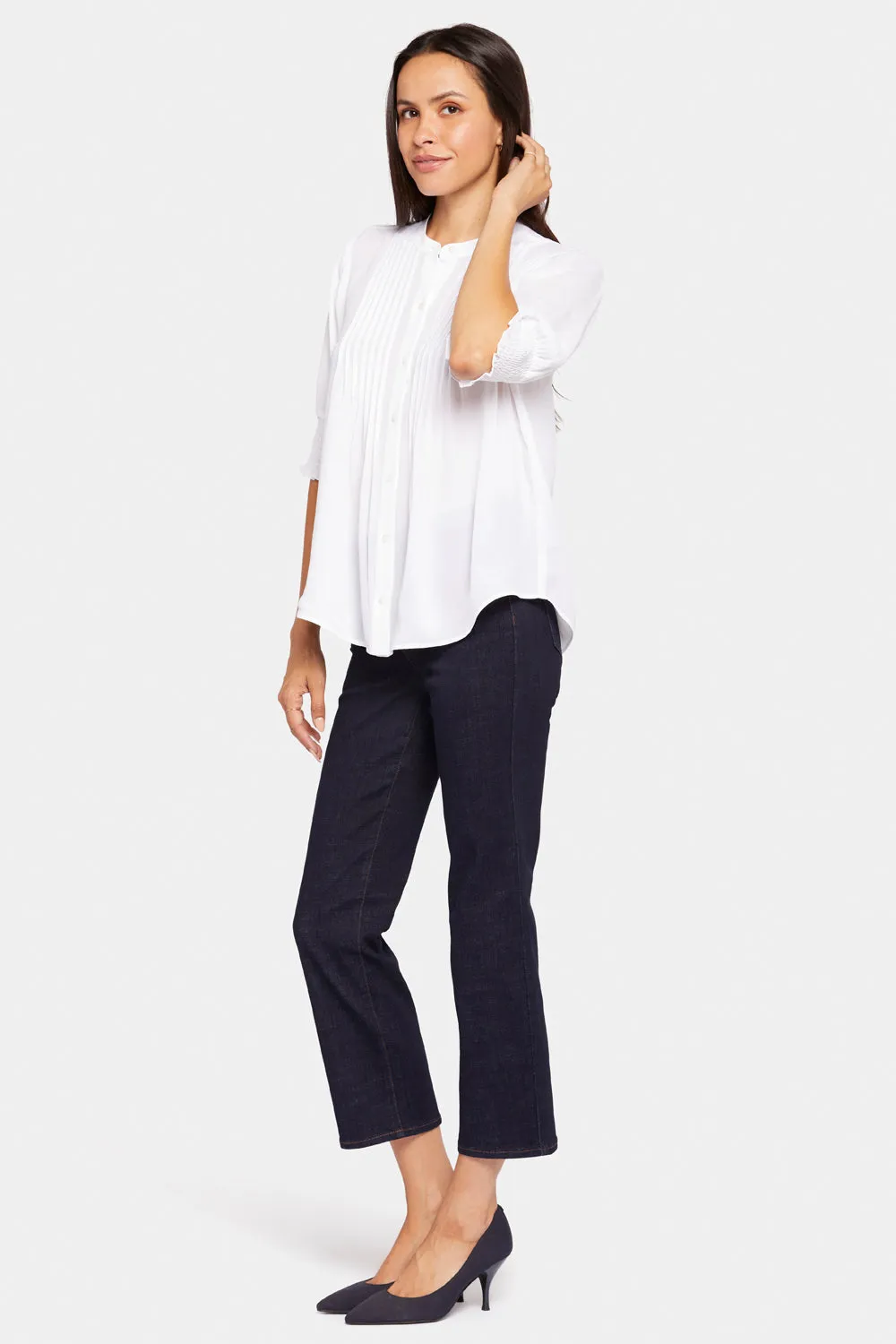 NYDJ Pleated Bluse Optic White Kurzarm mit Smok