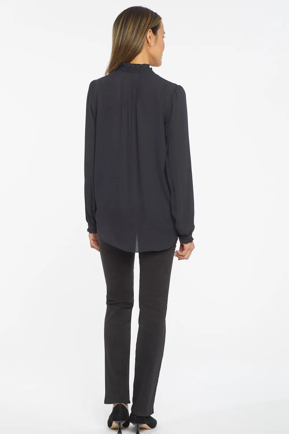 NYDJ Pleated Front Tunika Schwarz Langarm mit Rüschen