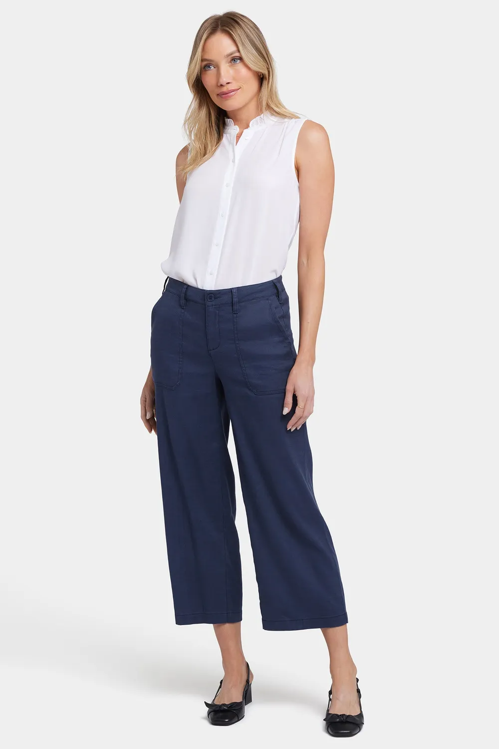 NYDJ Wide Leg Cargo Capri Caprihose Oxford Navy Petite Stretch-Leinen