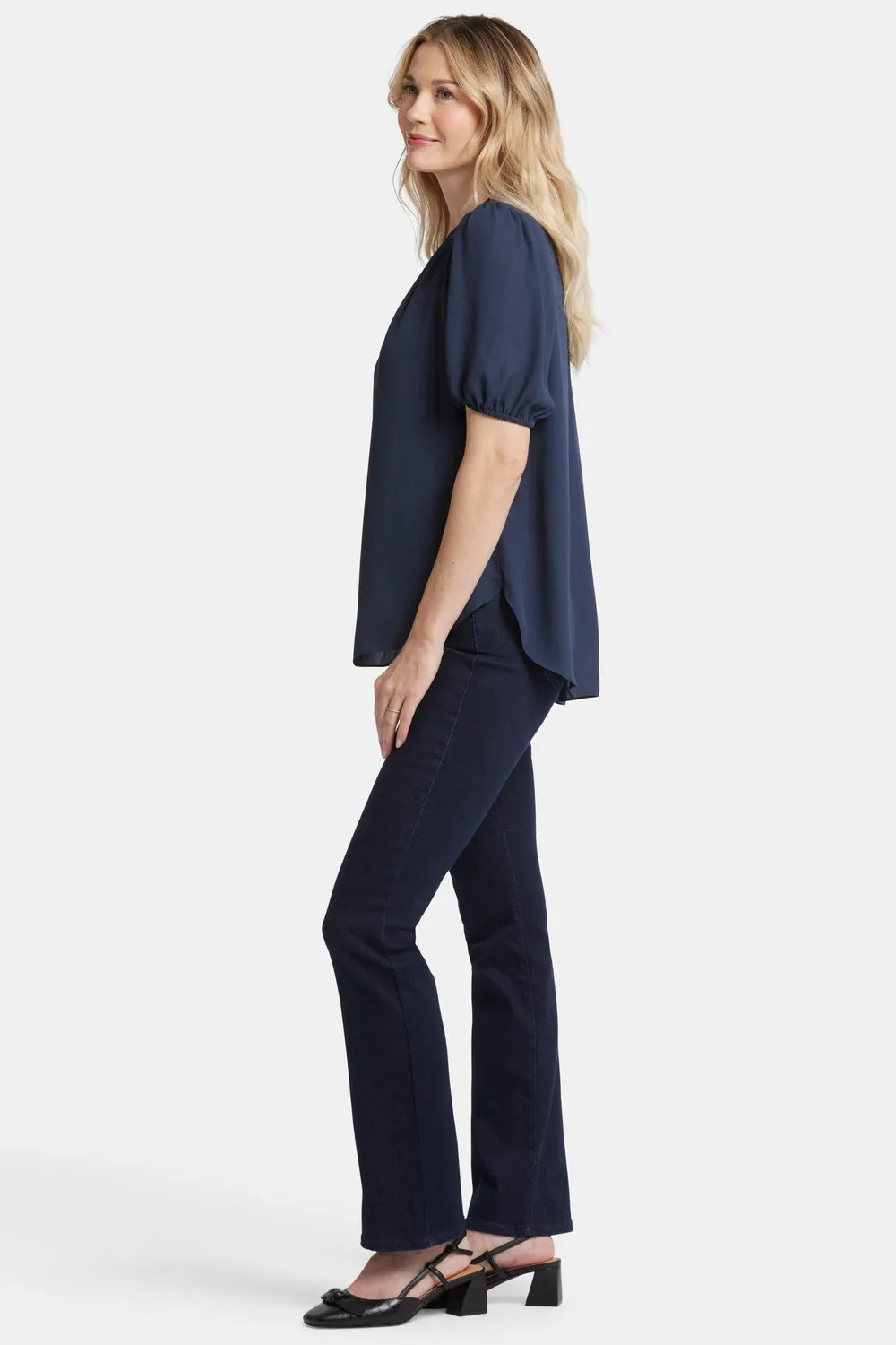 NYDJ Short Puff Sleeve Popover Bluse Navy