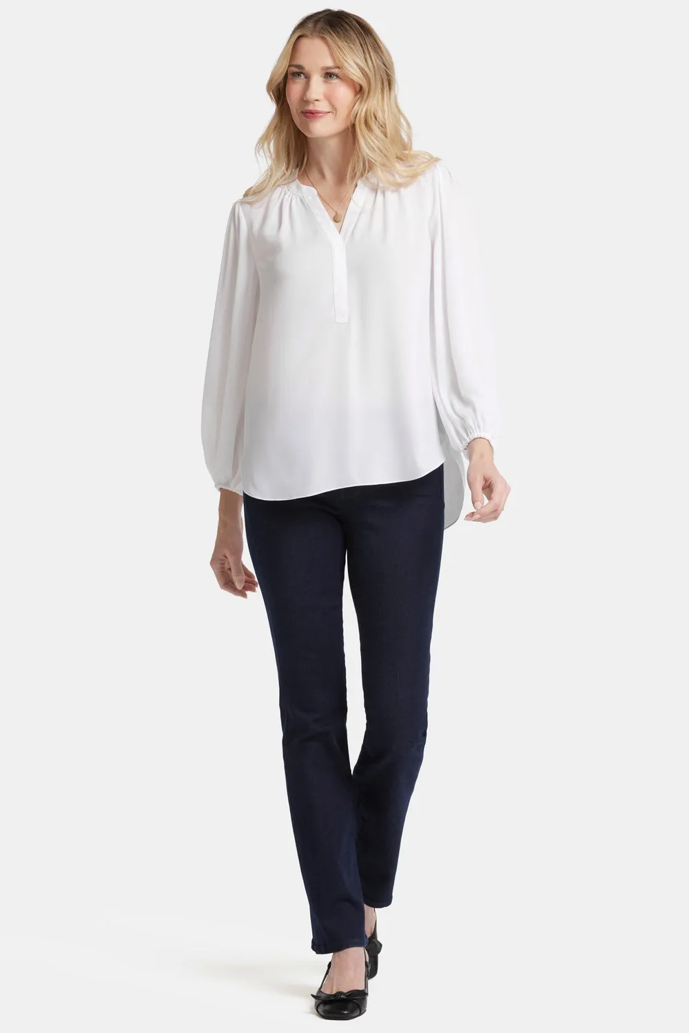 NYDJ Puff Sleeve Popover Bluse Optic White Georgette